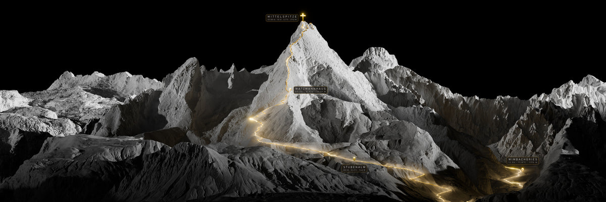STEIGBILD Watzmann, Die Stationen: Route mit beschrifteten Markern